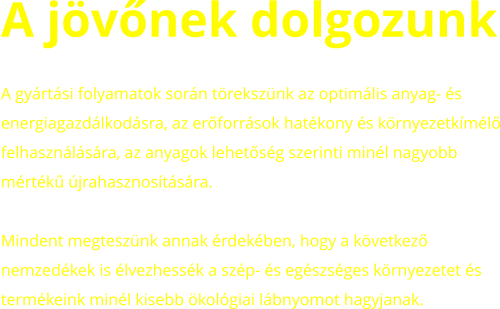 A jövőnek dolgozunk A gyártási folyamatok során törekszünk az optimális anyag- és energiagazdálkodásra, az erőforrások hatékony és környezetkímélő felhasználására, az anyagok lehetőség szerinti minél nagyobb mértékű újrahasznosítására.  Mindent megteszünk annak érdekében, hogy a következő nemzedékek is élvezhessék a szép- és egészséges környezetet és termékeink minél kisebb ökológiai lábnyomot hagyjanak.